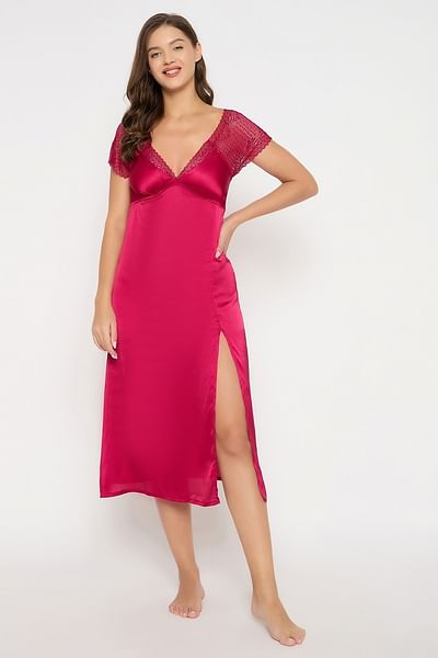 clovia picture chic basic night dress in pink satin 444028